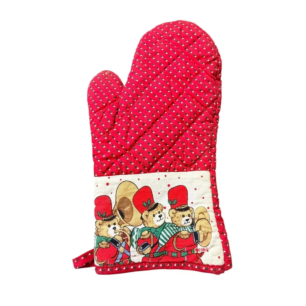 Vintage Christmas Teddy Bear Toy Soldier Red Quilted Oven Mitt Holiday Kitchen